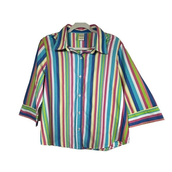 BLAIR Striped Button Down Shirt Top 3/4 Sleeve Womens Sz Large Colorful Rainbow - Picture 1 of 8